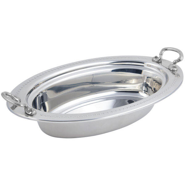 A stainless steel oval food pan with round stainless steel handles.