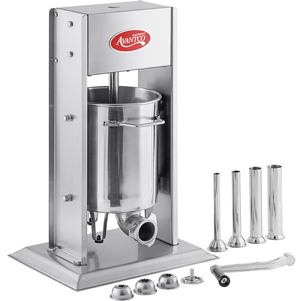 An Avantco stainless steel vertical churro stuffer with metal nozzles.