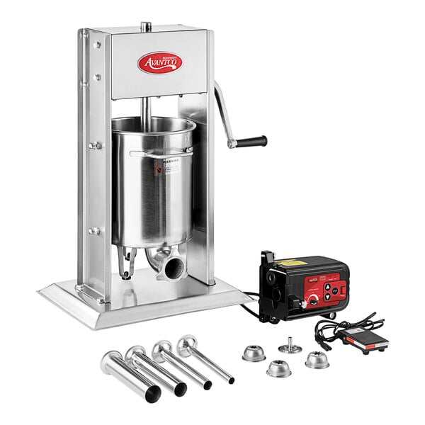 An Avantco stainless steel churro stuffer with a metal stand, handle, and churro tubes.