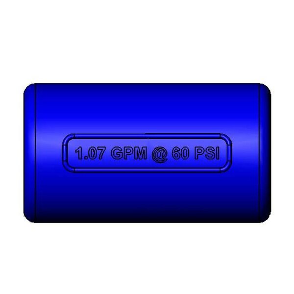A blue cylinder with black text reading "1.07 GPM"