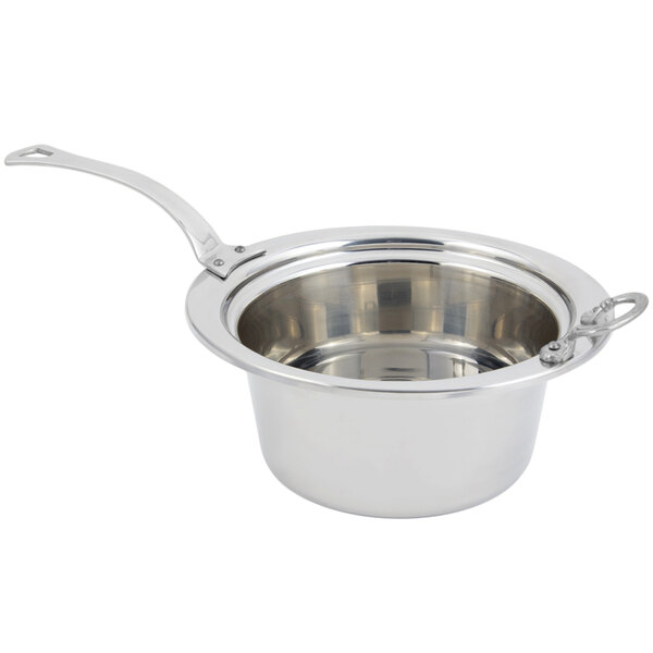 A stainless steel Bon Chef casserole food pan with a long handle.