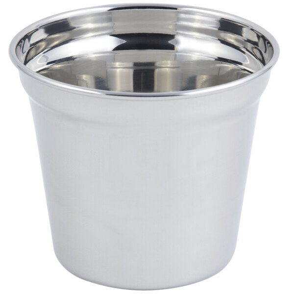 A silver metal cup with a lid on a white background.