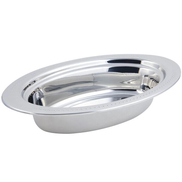 A stainless steel oval food pan with a beaded rim.