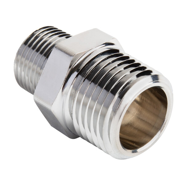 A silver metal T&S brass pipe adapter with a nut on the end.