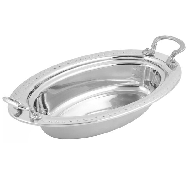 A stainless steel Bon Chef oval food pan with round stainless steel handles.
