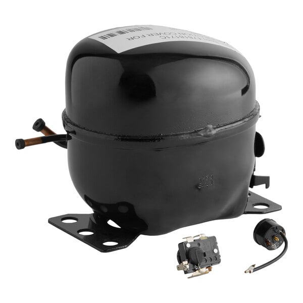 A black compressor unit with mounting brackets and electrical components for select Avantco AU and AWT series freezers.