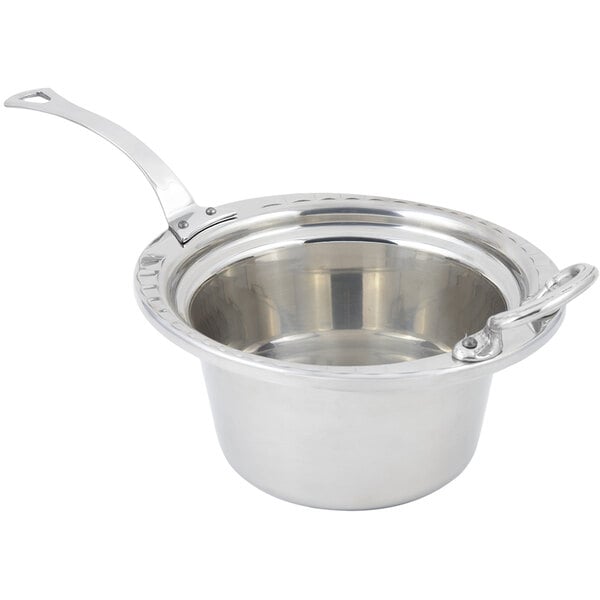 A stainless steel Bon Chef Arches design casserole food pan with a long handle.