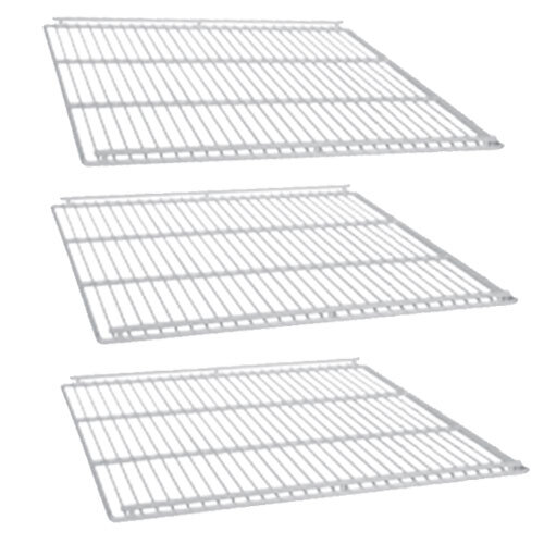 Two white Beverage-Air wire shelves with metal grids.