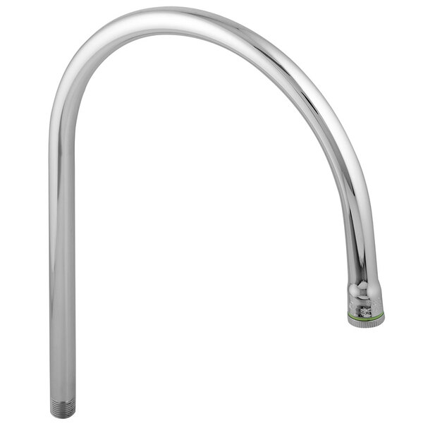 A silver curved faucet with a green knob.
