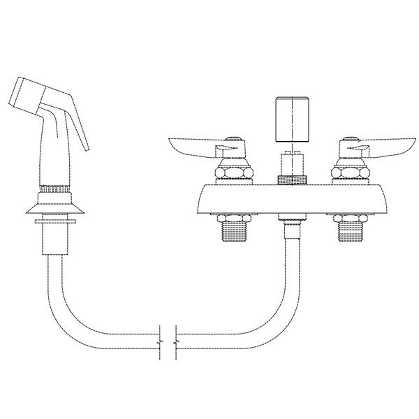 A drawing of a T&S faucet with swivel to rigid adapter and sidespray hose.