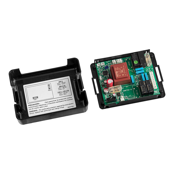 A close-up of a black MACHINE MAINBOARD for Estella Caffe with a white label on a circuit board.