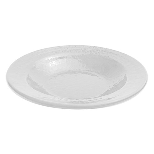 A white melamine bowl with a textured surface and a rim.