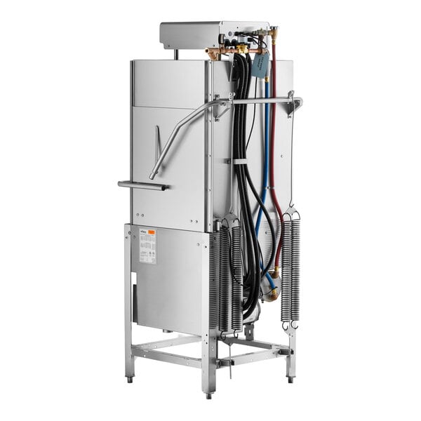A commercial high temperature tall dish and sheet pan washer with exposed hoses and metal frame.