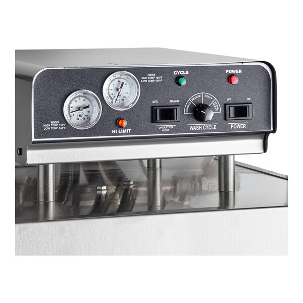 A commercial high temperature dish and sheet pan washer with control dials and indicator lights on a stainless steel exterior.