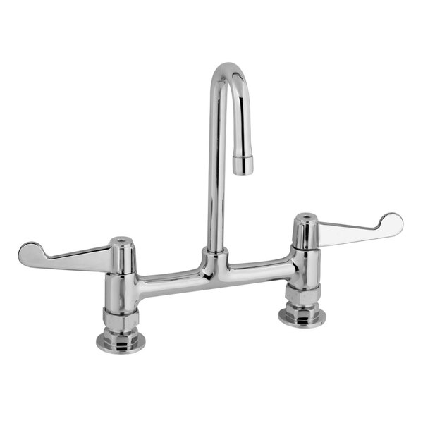 A chrome Equip by T&amp;S deck-mounted faucet with gooseneck spout and wrist handles.