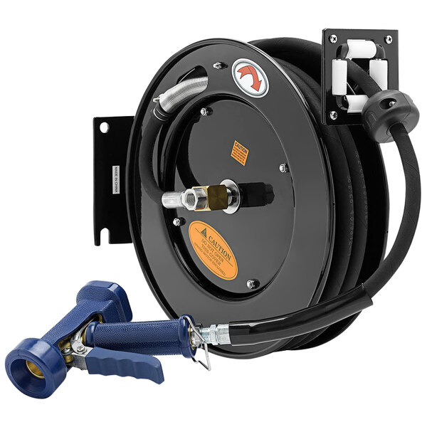 A black Equip by T&S hose reel with a blue hose.