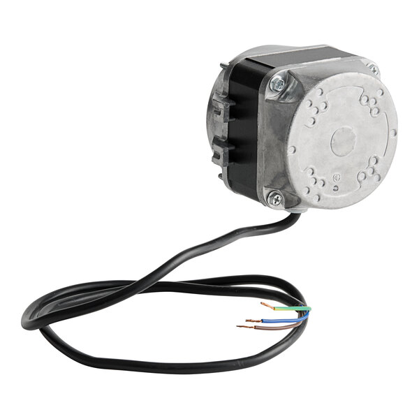A round Avantco condenser fan motor with black wires and a black cover.