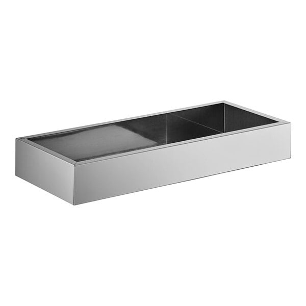 A stainless steel rectangular shelf for a refrigerator with a clear glass top.