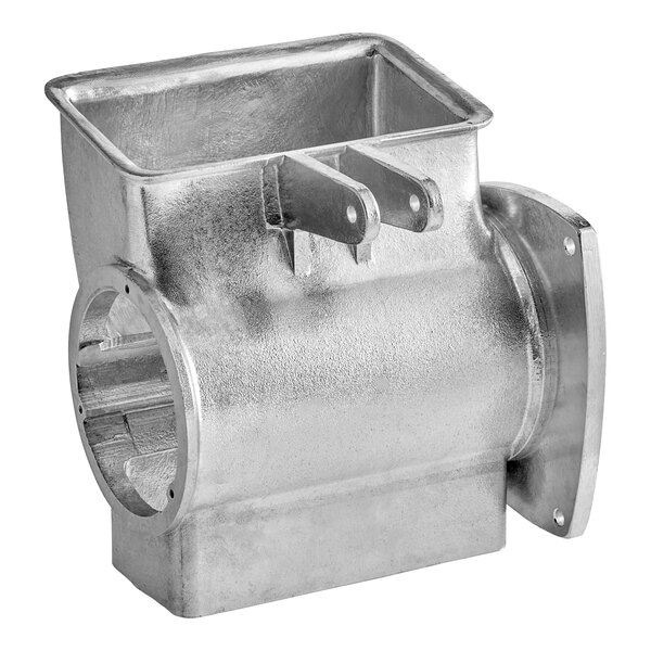 A silver metal Estella grating mouth and flange with a hole in it.