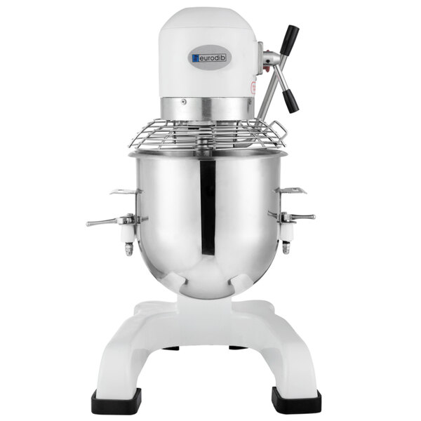 A white and silver Eurodib commercial stand mixer.