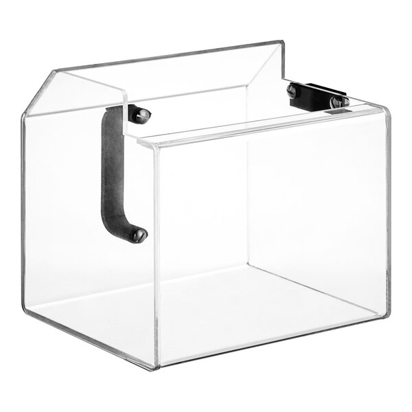 A clear plexiglass box with a black metal handle.