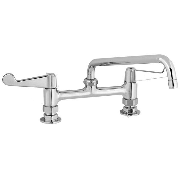 A chrome Equip by T&S deck-mounted faucet with 8" adjustable centers, a 12 1/8" swing spout, and wrist handles.