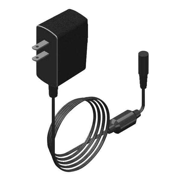 A black Equip by T&amp;S electronic faucet AC transformer with a cable attached.