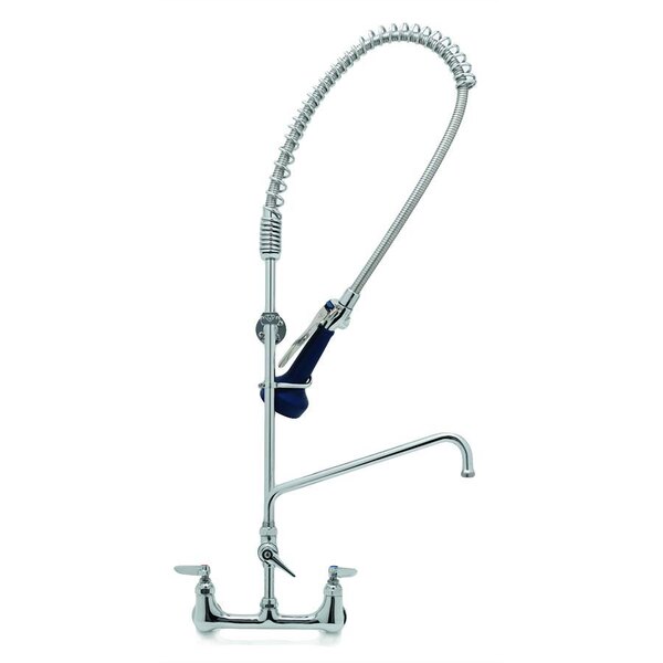 A T&S chrome wall-mounted pre-rinse faucet with a flexible hose.