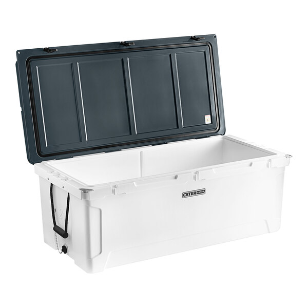 A white CaterGator outdoor cooler with a blue lid.
