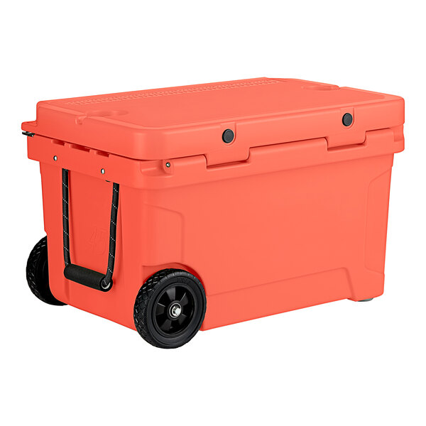 A large orange CaterGator outdoor cooler with black wheels.