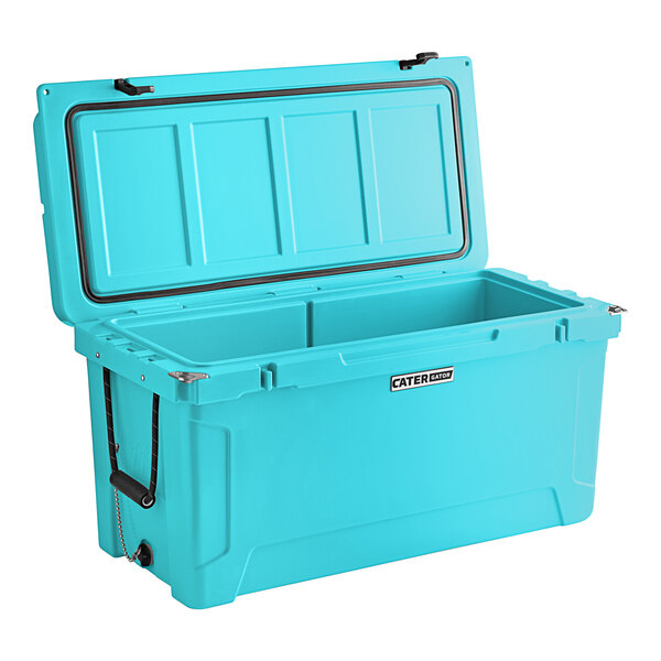 A CaterGator sky blue outdoor cooler with a lid open.