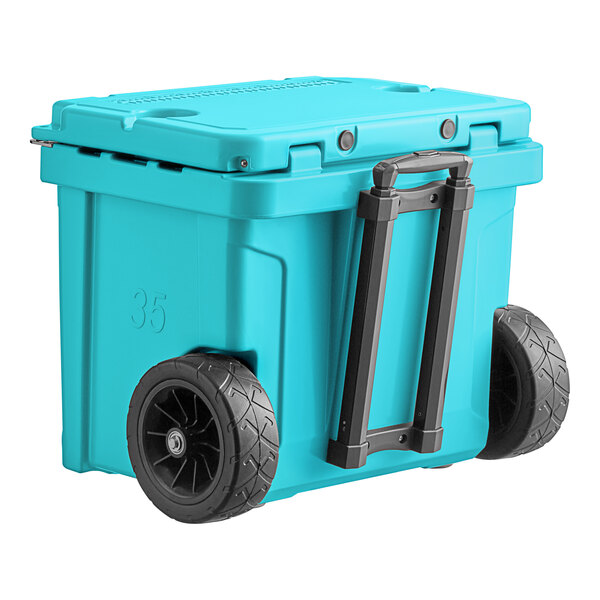 A sky blue CaterGator outdoor cooler with black wheels.