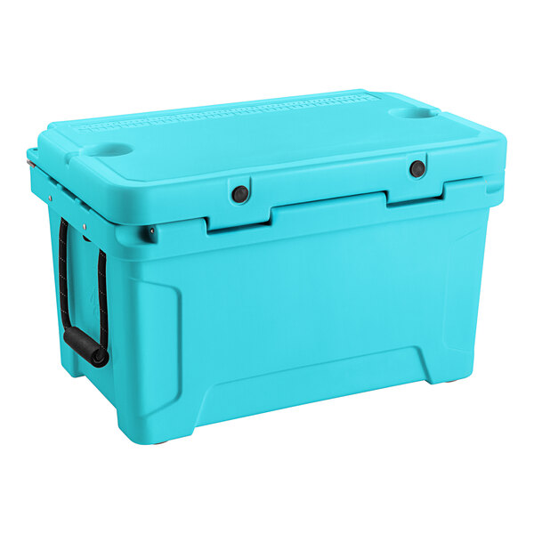 A sky blue CaterGator outdoor cooler with black handles.