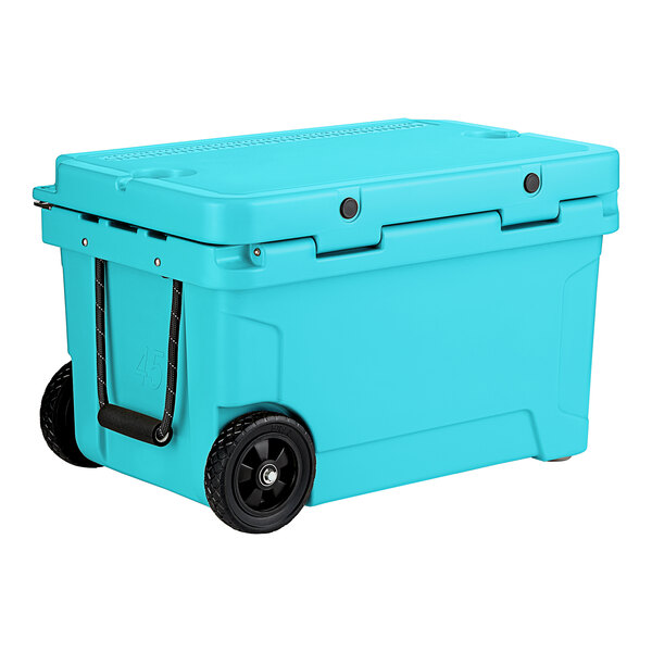 A sky blue CaterGator outdoor cooler with black wheels.