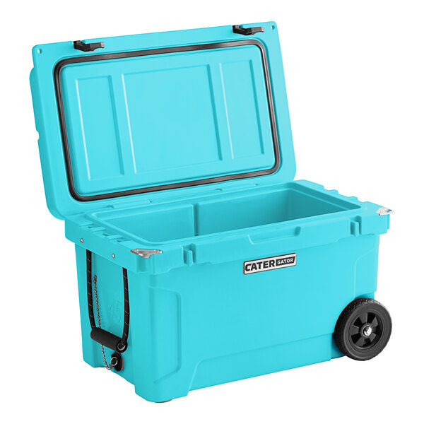 A sky blue CaterGator outdoor cooler with wheels.