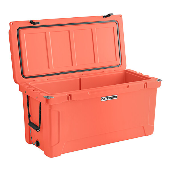 An orange CaterGator outdoor cooler with a lid open.