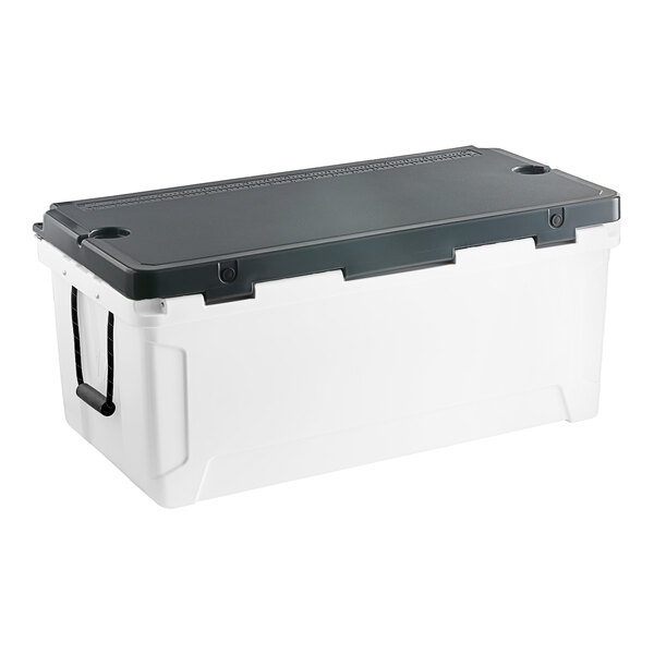 A white and black CaterGator outdoor cooler.
