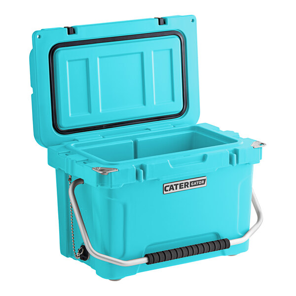 A sky blue CaterGator outdoor cooler with a handle.
