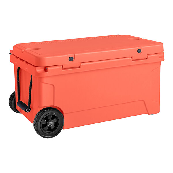 A large orange CaterGator cooler with black wheels.