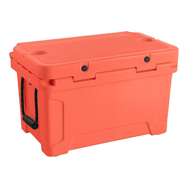 A red CaterGator outdoor cooler with a handle.