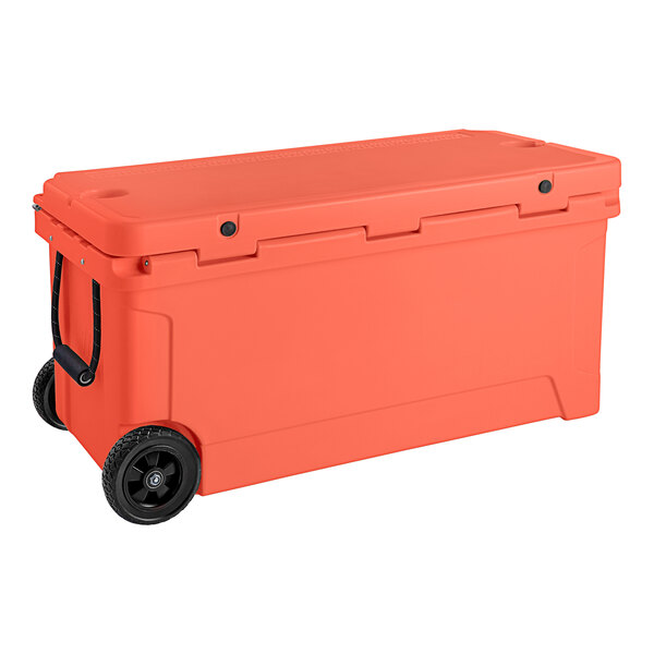 A large orange CaterGator outdoor cooler with wheels.