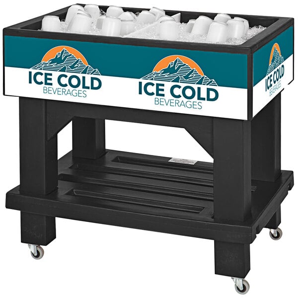 A black IRP Texas Icer Jr. ice bin cart with ice and cups on it.