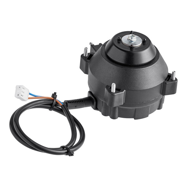 A black round Avantco condenser fan motor with wires.