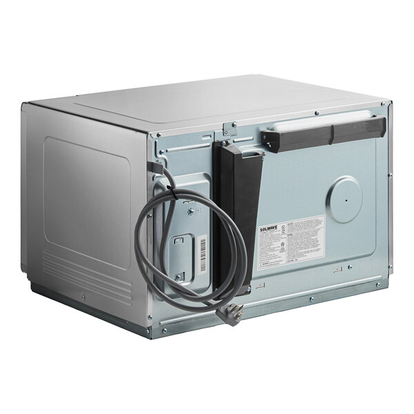 A silver rectangular Solwave commercial microwave with black buttons.