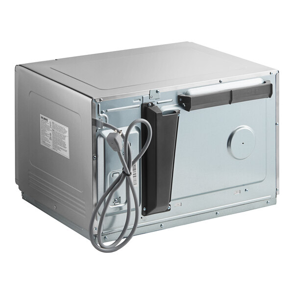 A silver rectangular Solwave commercial microwave with a black handle.