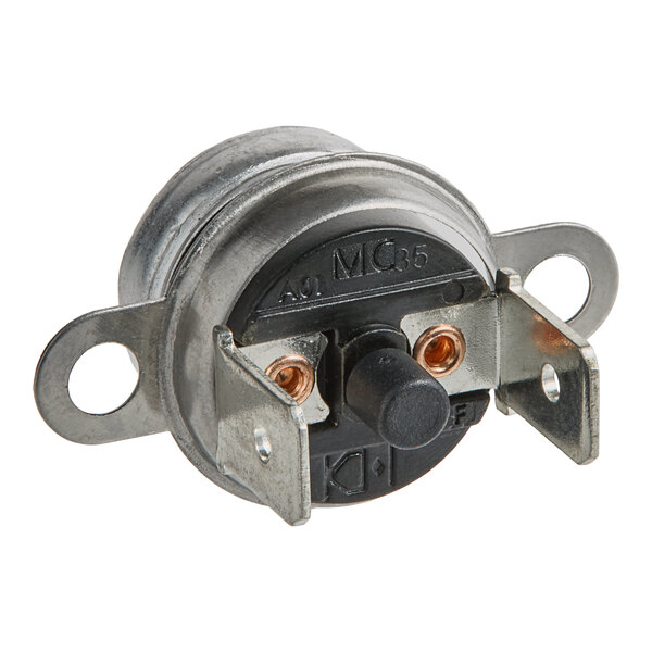 A round metal high-limit thermostat with a black cover.