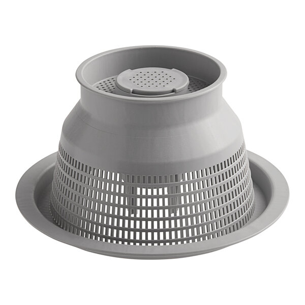 A grey plastic strainer with a mesh lid.