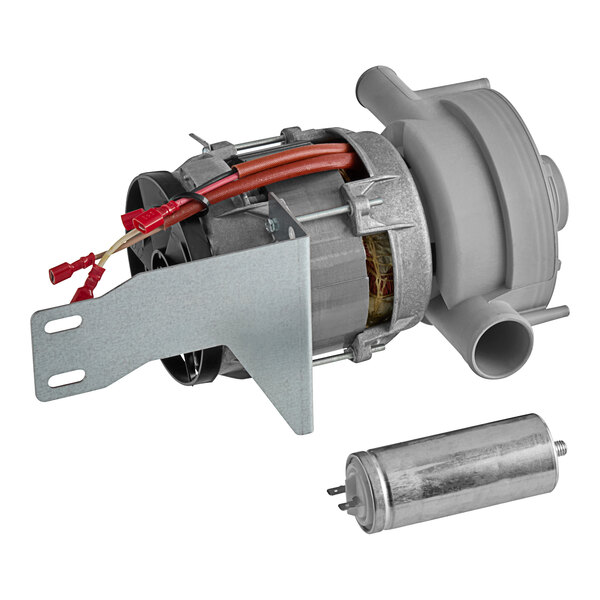 A grey electric motor with a metal bracket and red wiring.