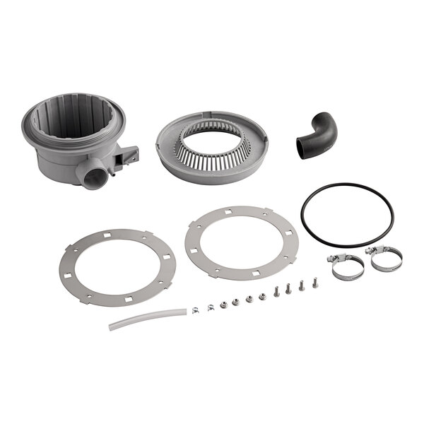 A grey plastic Noble Warewashing drain body assembly with black rubber tubes.