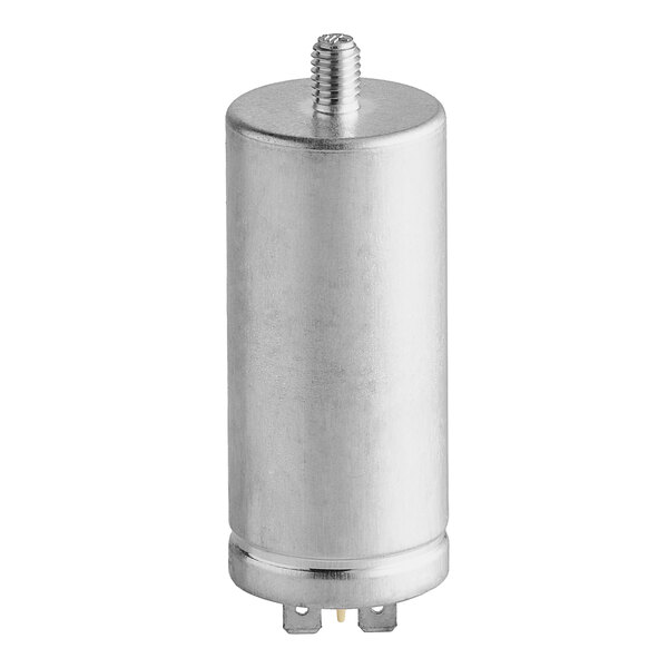A silver cylindrical capacitor with a screw on top.